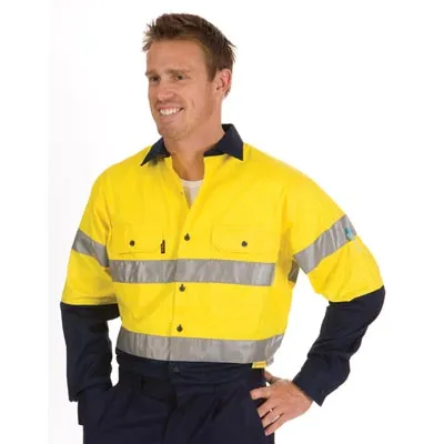 Contrast Collar Hivis Cool-breeze Cotton Shirt With 3m 8910 R tape Long Sleeve_1