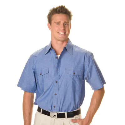 Mens Twin Flap Pocket Cotton Chambray Shirts Short Sleeve_1